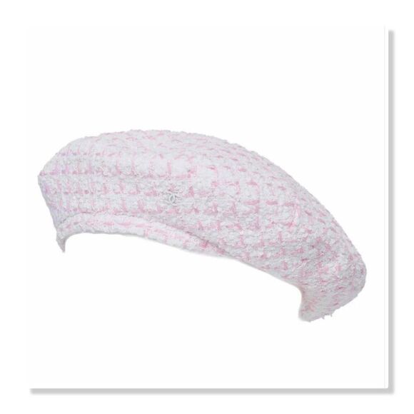 🌹 CHANEL 🌹 Pink & White CC Logo Tweed Beret - [Size Large] - Picture 1 of 14